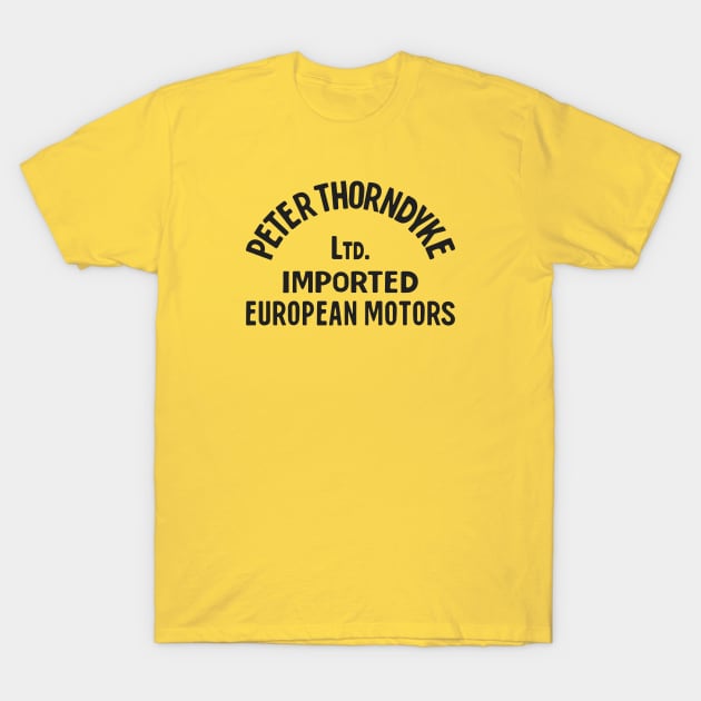 Peter Thorndyke - European Motors (Black on Yellow) T-Shirt by jepegdesign